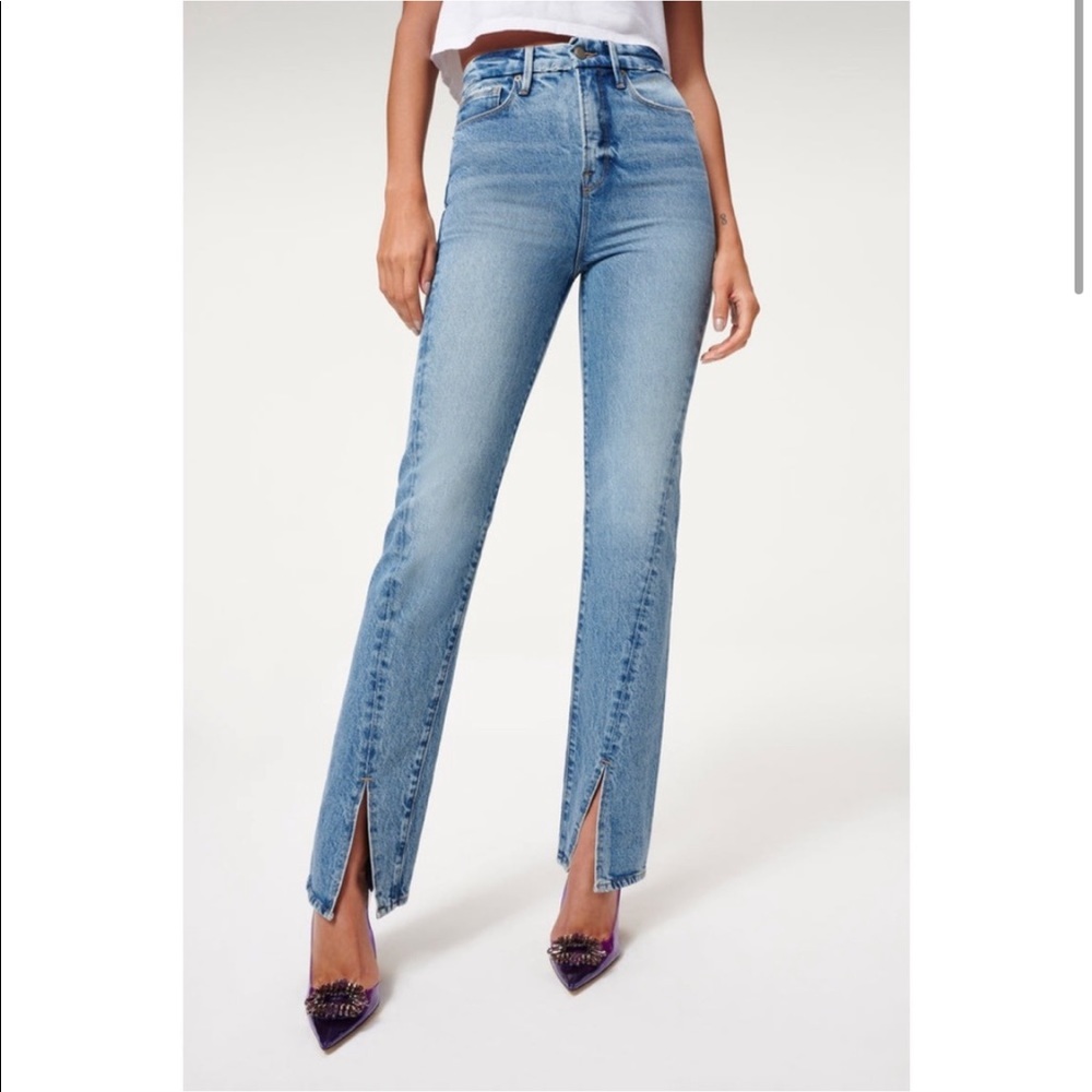 Good American Good Boy Twist Slit Straight Leg Blue Jeans